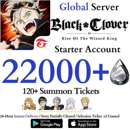 [GLOBAL] 20000+ Crystals, 120+ Summon Tickets Asta Mimosa Julius Noelle Charmy | Black Clover M Rise of the Wizard King Reroll Account