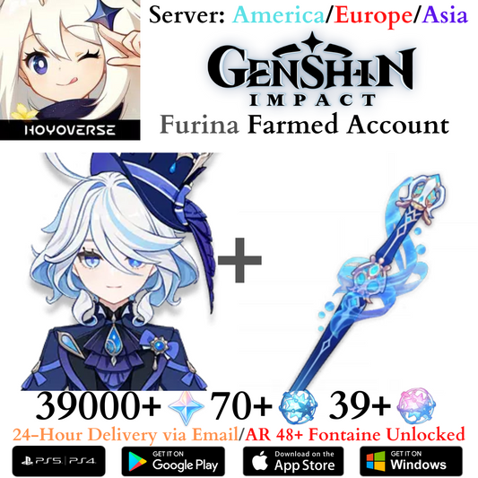 Furina Signature Weapon Splendor of Tranquil Waters Genshin Impact Primogems Fates Farmed Starter Reroll Account