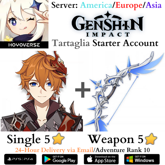 Tartaglia Signature Weapon Polar Star Genshin Impact Fresh AR10 Starter Reroll Account