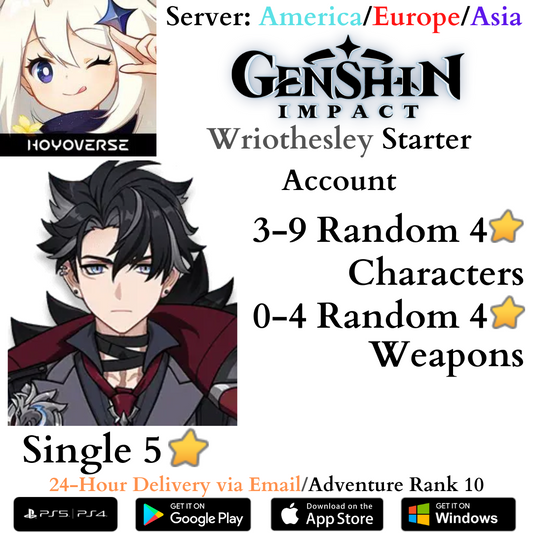 Wriothesley Genshin Impact Fresh AR10 Starter Reroll Account