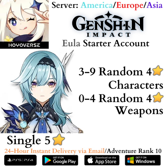  Eula Genshin Impact Fresh AR10 Starter Reroll Account