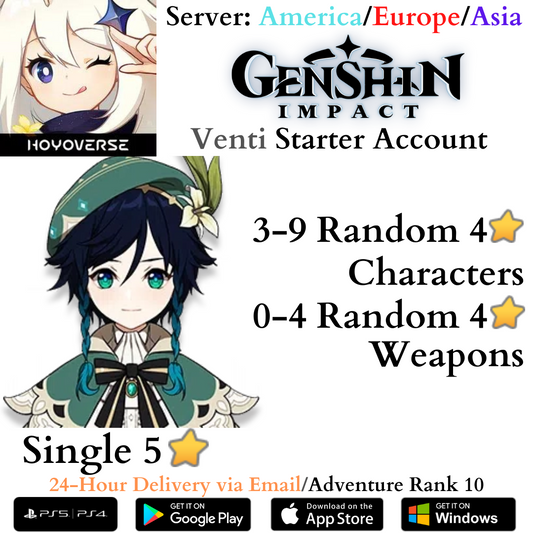 Venti Genshin Impact Fresh AR10 Starter Reroll Account